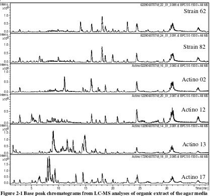 Figure   2-1 Base peak chromatograms from LC-MS analyses of organic extract of the agar media  