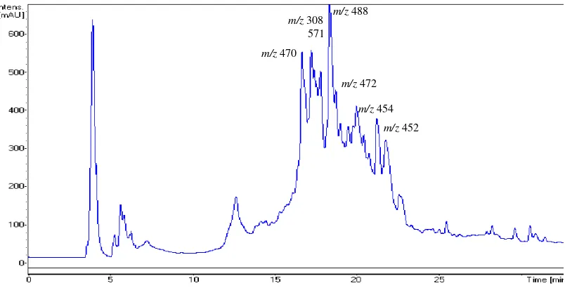 Figure  2-6  Chromatogram from HPLC separation of extracts of Actino 13 culture supernatants monitoring absorbance at 210nm 