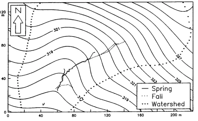 Figure 3. Olmsted ephemeral gully pattern, spring and fall, 1989 (units in me-ters.