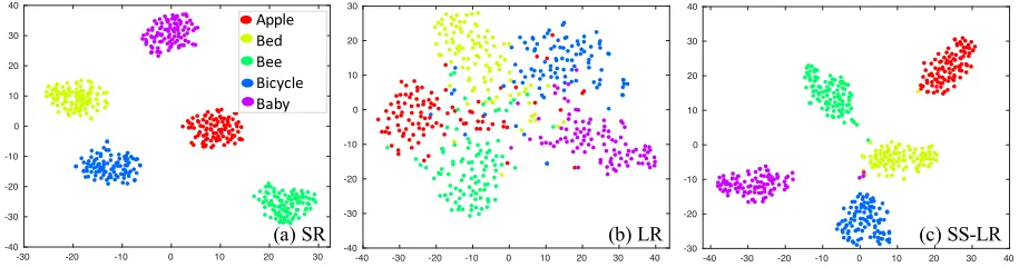 Figure 1: Colour-coded t-SNE feature embedding of 5 CIFAR100 object classes produced by (a) SR, (b) LR, and (c) the proposedSS-LR (Eq (6)) loss functions