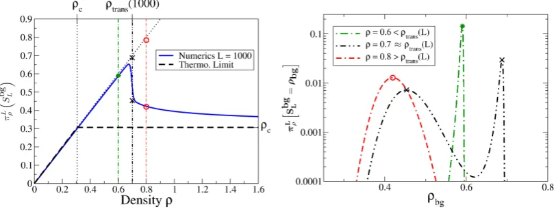 Figure 4.4:Finite-size eﬀects for the background density SbgL (4.28) for γ = 0.5, b = 4and L = 1000.Left: The expected value of the background density.The dashedblack line shows the thermodynamic limit result