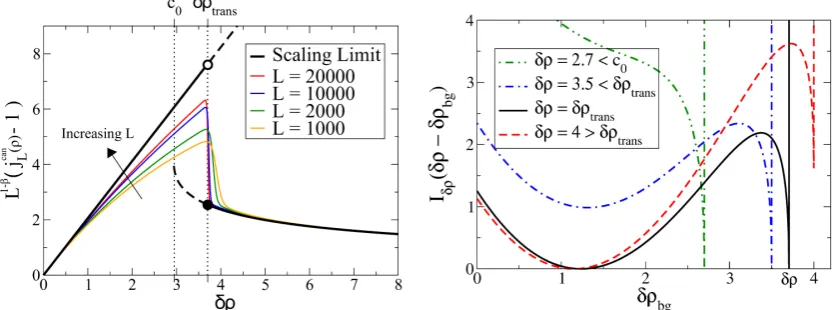 Figure 4.10:Scaling limit for γ = 0.5 and b = 4. Left: The thick black line showsthe scaling limit result for the current, including metastable branches (dashed)