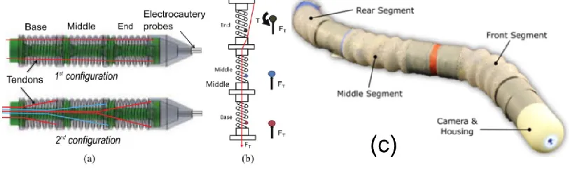 Figure 2.4 (a) Two configurations of tendon routing in continuum robot , (b) schematic of the forces acting in base disk when distal disk is bent according to cable routing of the 2nd configuration [21], (c) Meshworm robot [24] 