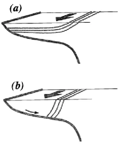 Figure 3.2: Sketches depicting (a) a surface-advected plume and (b) a bottom-trapped plume