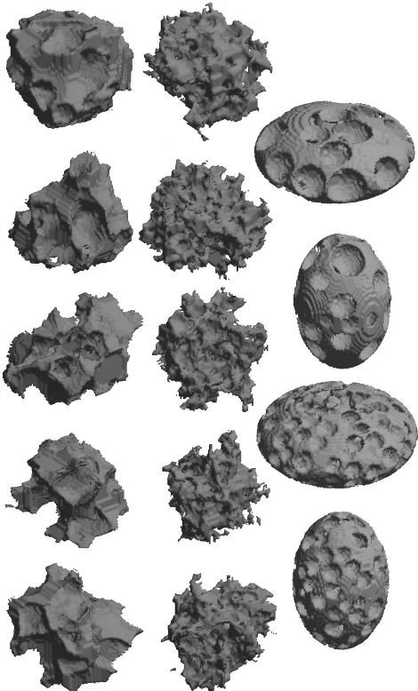 Fig. 1. Ash particles with large vesicles (left column), ash particleswith small vesicles (middle column), prolate and oblate spheroidswith large and small vesicles (right column).