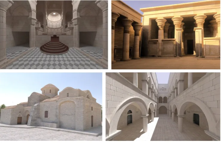 Figure 3.1: Physically-based rendering examples: images rendered using Pathtracing method (courtesy of Piotr Dubla) (top left and bottom right); an im-age rendered using Radiance rendering package [War94] (top right); an imagerendered using Mental Ray (courtesy of Jassim Happa) (bottom left).