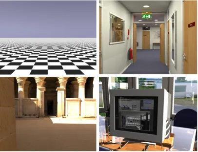 Figure 5.2: Scenes used for the experiment: Checkerboard (top left), Corridor(top right), Kalabsha (bottom left), Library (bottom right)