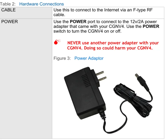 Figure 3:   Power AdaptorTable 2:   Hardware Connections