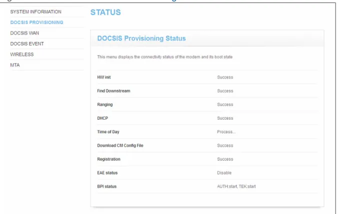 Figure 8:   The Status: DOCSIS Provisioning Screen