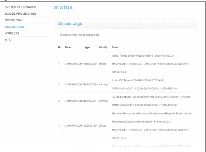 Figure 10:   The Status: DOCSIS Event Screen