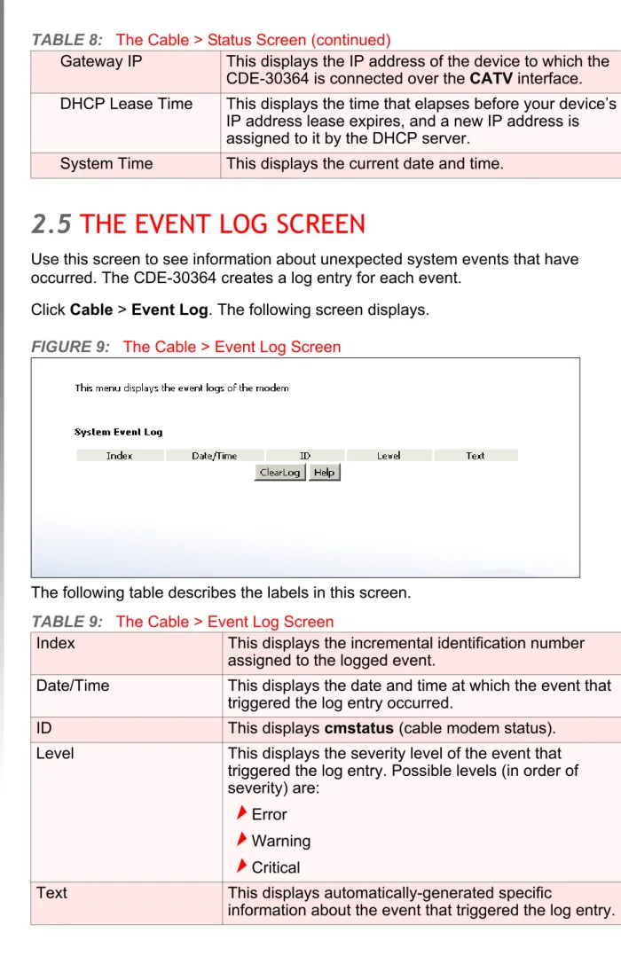 FIGURE 9:   The Cable &gt; Event Log Screen