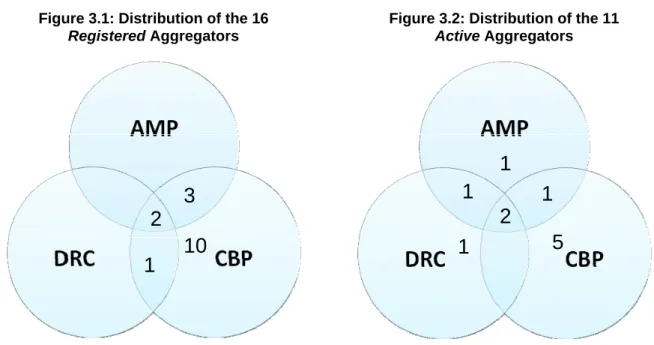 Figure 3.1 illustrates the distribution of the 16 registered aggregators among the three programs  (CBP, AMP, and DRC)