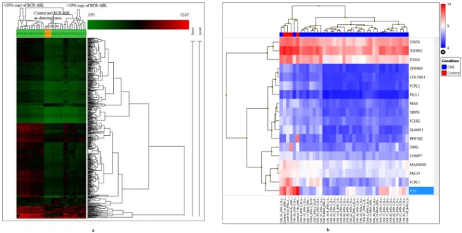 Figure 1:  (a) Hierarchical clustering of the gene-level data revealed a distinct clustering of subgroups of all CML cases (35) and control 
