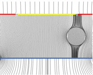 Fig. 5.6: Electric ﬁeld line bending of particle due to differences in dielectric constants.Exaggerated by using a particle dielectric constant of 4.33 and a mediumdielectric constant of 30