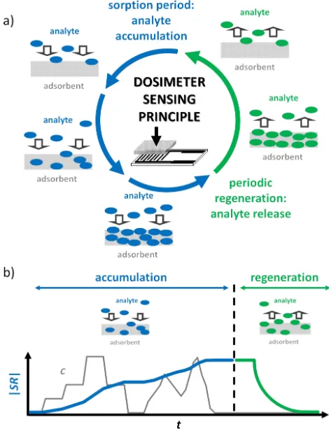 Figure 1. Scheme of the operation principle of a dosimeter-type gasof analyte accumulation in the sorption period (blue) and analyte re-lease upon regeneration (green),analyte accumulation (blue) and during the short-term regenerationsensing device with a sensitive layer as an adsorbent: (a) alternation (b) sensor response |SR| during theperiod (green).