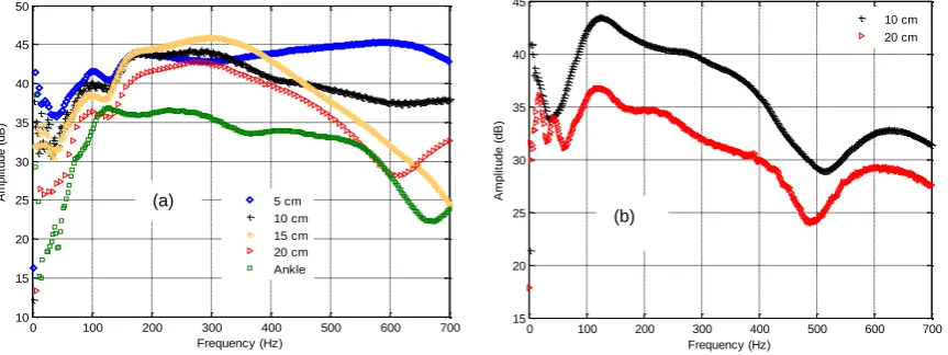 Figure 4: Transfer functions versus frequency, a-) for male tibia, and b-) for female tibia