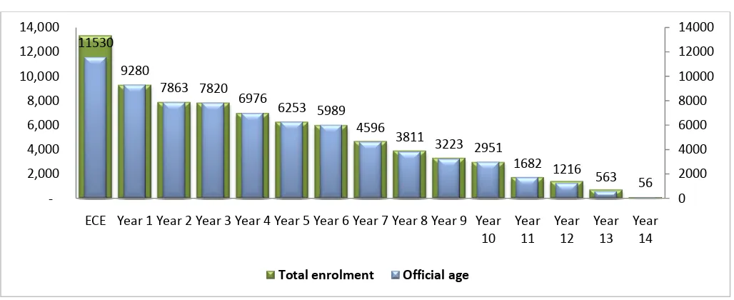 Figure 1-5: Total enrolment vs Official age enrolment (4-19 years old), 2013 