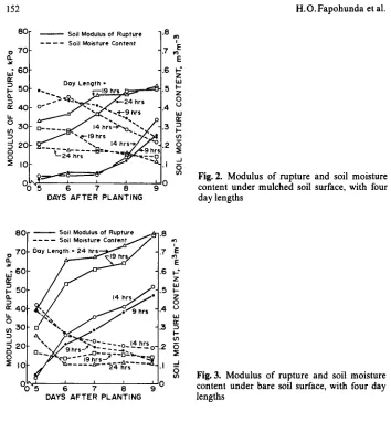 Fig. 2. Modulus of rupture and soil moisturecontent under mulched soil surface, with fourday lengths