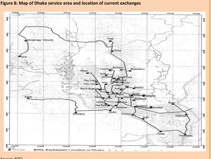 Figure 8: Map of Dhaka service area and location of current exchanges 
