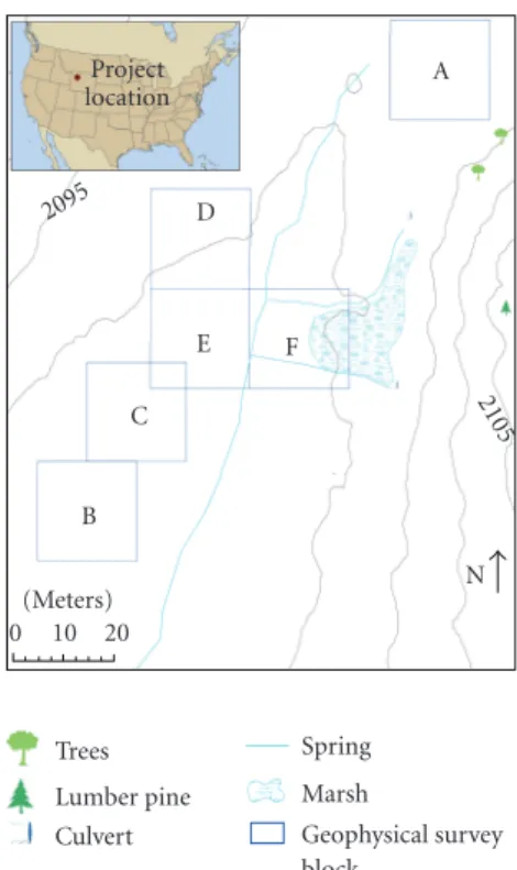 Figure 1: Map of the Goetz site near Jackson Hole, WY. Square areas A–F represent scanned regions discussed throughout this paper.