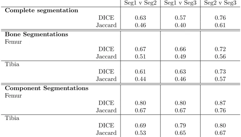 Table 4: DICE and Jaccard scores of the three manual segmentations made with the primary low-ﬁeld MRI dataset