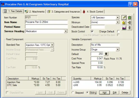 Figure 44 Procaine Pen G with OTC option and quantity break  When invoicing for an injection you can charge by the ml and select the  injection fee