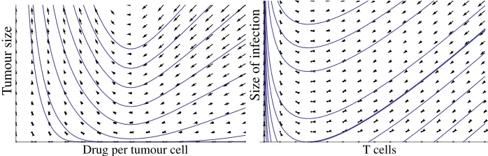 Figure 1: Phase portraits of deterministic examples of eradication-resolution dynamics.
