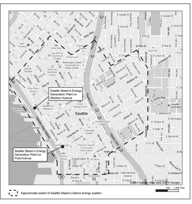 Figure 2-1.  Locations of Seattle Steam’s energy generation plants and district energy  system