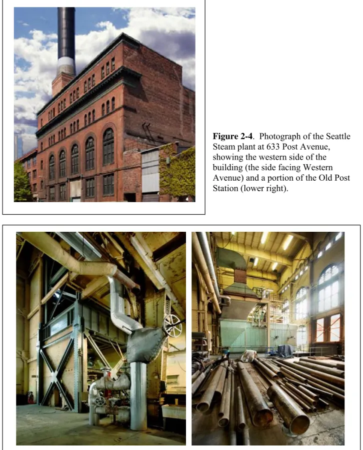 Figure 2-5.  Interior views of the Seattle Steam plant at 633 Post Avenue, showing the steel  frame and concrete floor construction