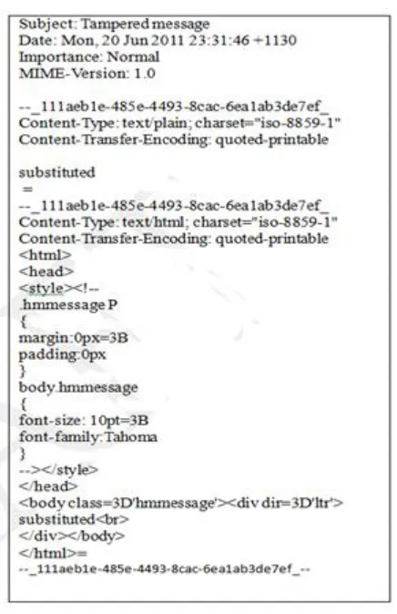 Figure 5b. Original message replaced with the tampered ‘sent’ message.  The string “substituted” visible at the same locations