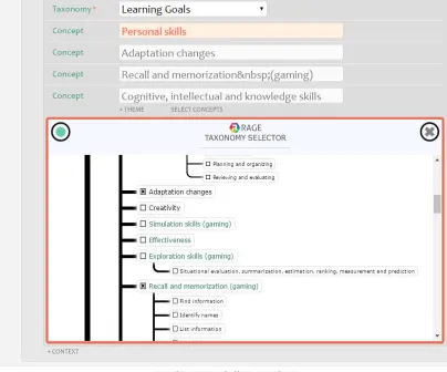 Figure 5. A partial view of the RAGE Metadata editor with Taxonomy Selector
