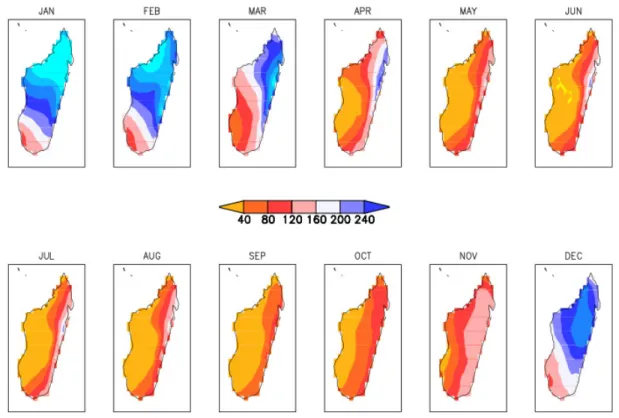 Figure  5:  Monthly  mean  rainfall  distribution  (mm  month -1 )  1901-2000.  Source  Climate  Research  Unit (Mitchell et al., 2004)
