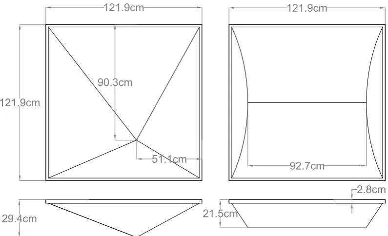 Figure 2. Dimensions and front (top) and top (bottom) views of the 3D models of the pyramid (left)and convex (right) diffusers.
