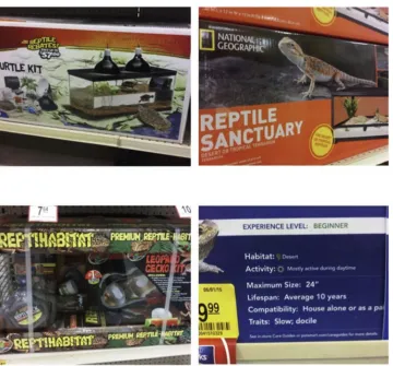 Figure 1. Examples of misleading marketing of accommodation for exotic pets. Image (top left) depicts a highly restrictive, non-naturalistic environment, which implies that asimple(bottom left) depicts an extremely small cage and basic“ “bargain kit” is ad