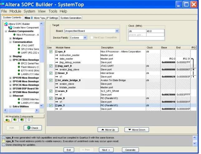 Figure 3:  Processor core configuration tool GUI for the Nios II soft processor core.  A drag-and-drop style interface can be used to  add I/O hardware and set processor options 