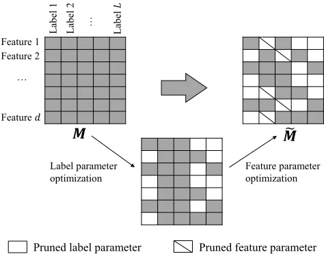 Figure 2: An illustration of our method. Given a pre-trainedmodel M, we perform joint label and feature parameter opti-mization to facilitate a compact model M˜.