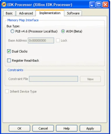 Figure 2-1 shows the EDK Processor Implementation tab with an AXI4 bus type selected.