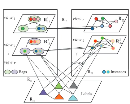 Figure 1: An illustrative example of multi-view multi-instance multi-label objects. {Rvij}Vv=1 are the multi-typerelational data matrices between bags (objects), instances,and labels across V heterogeneous feature views.