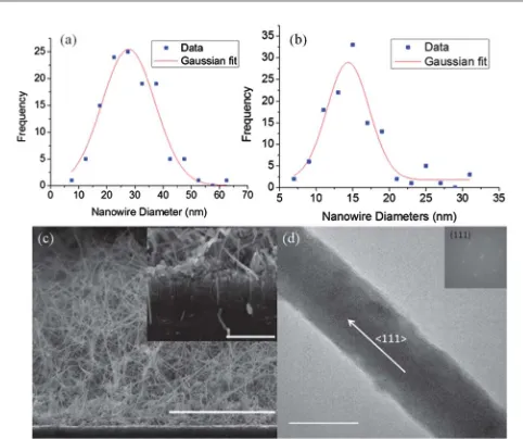 Fig. 5(a) Diameter distributions of Ge nanowires grown from BCP patterned Agnanowires protruding from etched holes (scale barnanodots and (b) Ge nanowires grown from BCP nanodots after MAE