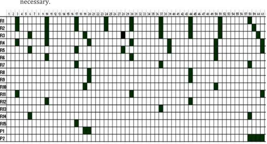 Figure 7 example of a maintenance schedule for 61 weeks containing 15 routine works (R1-R15 on Y-as) and 2 projects (P1 and P2 on Y-as) (Budai et al., 2006) 