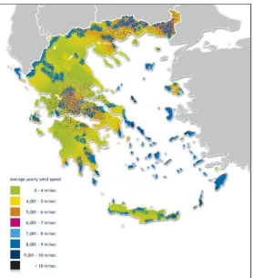 Figure 7: Wind energy potential in relation with average wind speed in Greece   (source: investingreece.org)  
