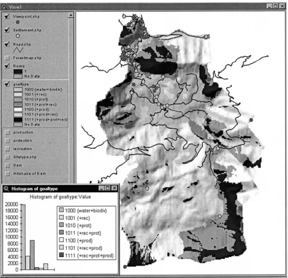 Fig. 3. Screenshot from ArcView ® 3.0 showing the results of the goal-type classification — the graph indicates a histogramm of the classified pixels and a view of the project area.