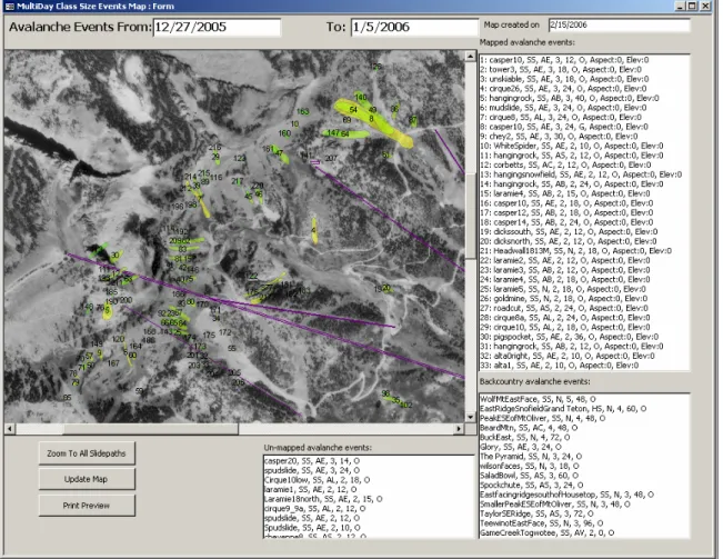 Figure  5:    A  specialized  GIS  application  at  Jackson  Hole  allows  snow  safety  personnel  to  visualize the avalanche activity within the area for any given time period