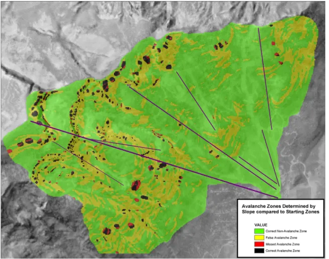 Figure 1:  A comparison of GIS mapped avalanche starting zones (with slope angles from 30 to  45 degrees) with the actual starting zones for the Jackson Hole Mountain Resort