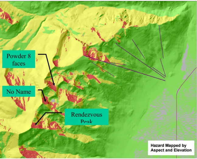 Figure  3:    Avalanche  danger  mapped  by  elevation  and  aspect,  with  the  higher  elevation  north  through east aspects having the highest avalanche danger