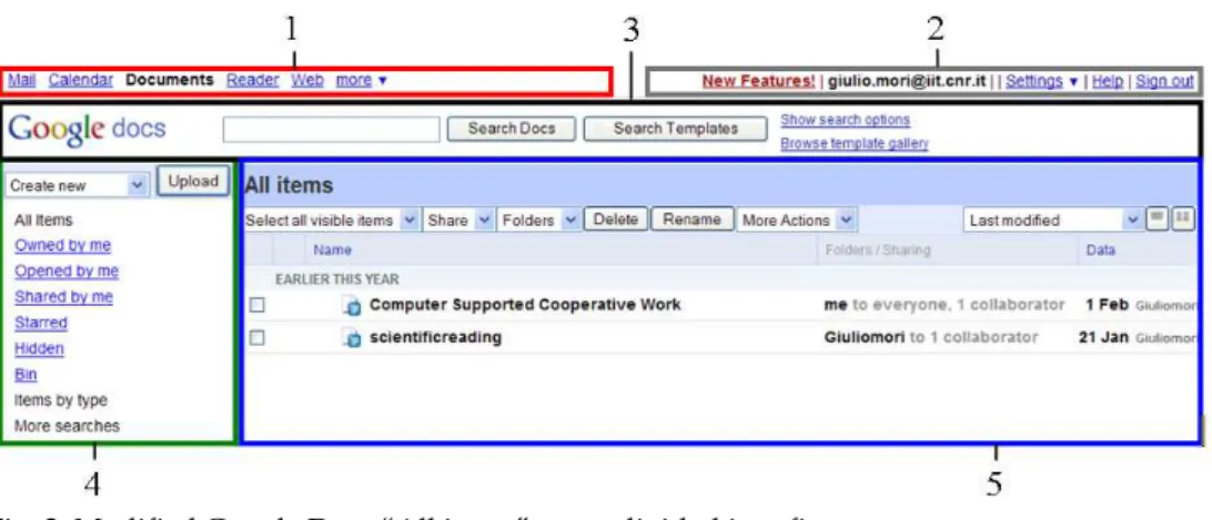 Fig. 2. Modified Google Docs “All items” page, divided into five areas. 