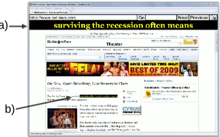Fig. 2. The basic visualization. (a) The text currently being read is shown above the content in a high-contrast, magnified view to assist those reading along and those with low-vision