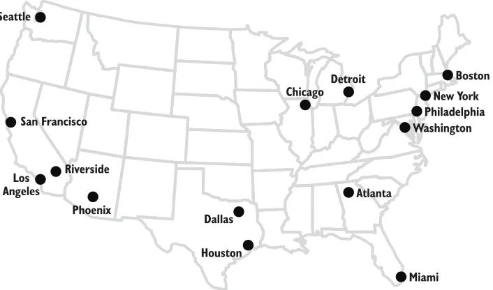 Figure 4.1 A map of the 15 largest MSAs in the United States