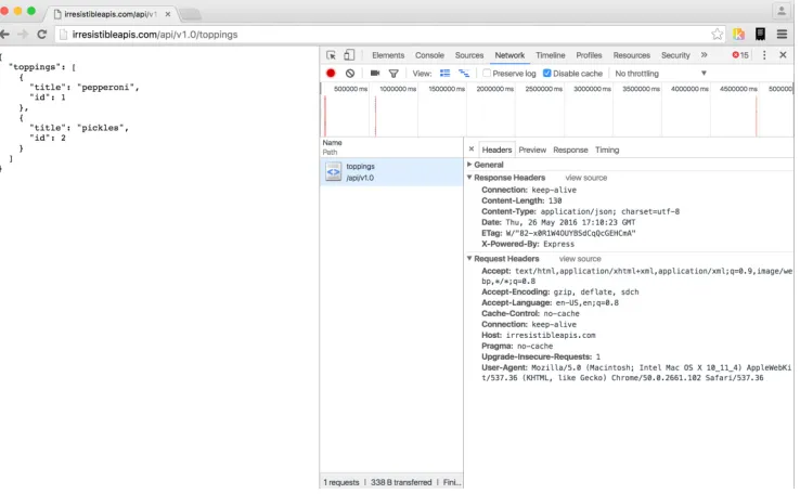 Figure 2.5 The Chrome browser makes it possible to see information about the request and response headers, the body of the request or response, and other useful information about the transaction