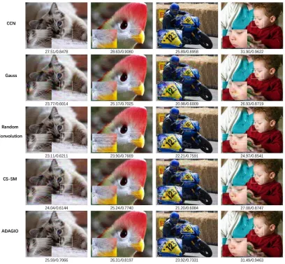 Figure 4: Comparing the proposed CCN approach with different compressive sensing approaches using Gaussian, randomconvolution, CS-SM and ADAGIO sub-sampling strategies